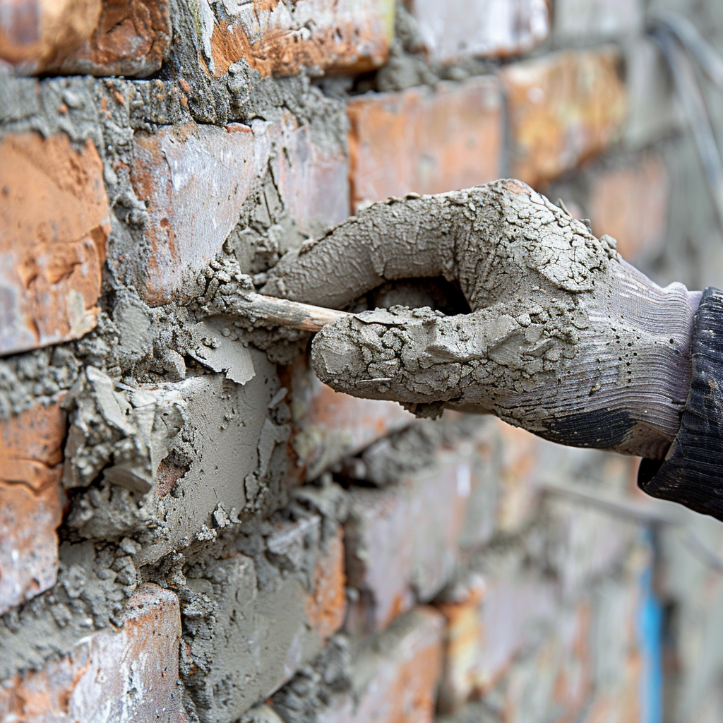 A mason is tuckpointing a brick wall.