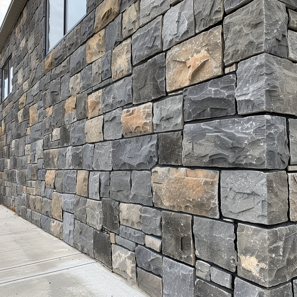The stone wall of a commercial structure.
