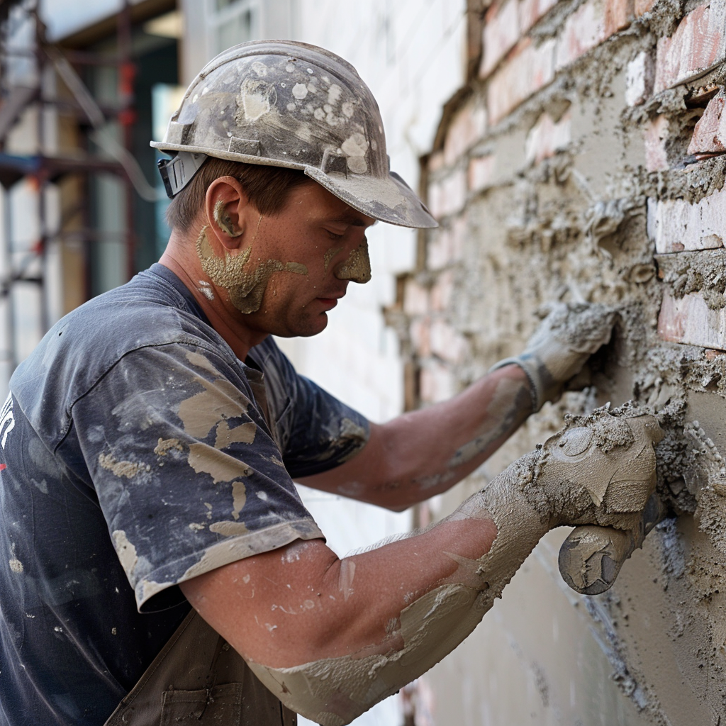 Mason contractor is waterproofing a brick wall.