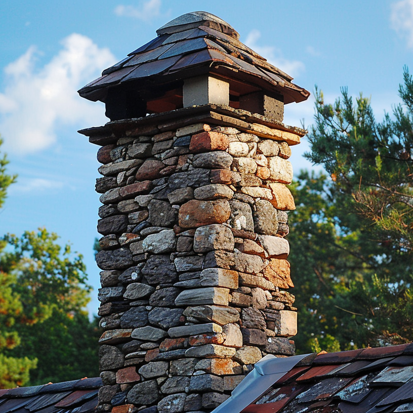 The stone chimney on the roof of a residential home.
