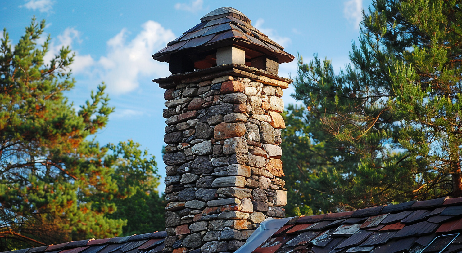 Stone chimney on the roof.